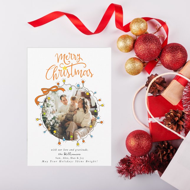 Whimsical Photo Pastel Christmas Lights  Holiday Card (Whimsical Photo Pastel Merry Christmas Lights Coquette Red Bow Holiday Card)