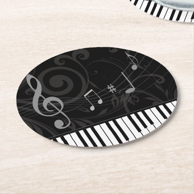 Whimsical Piano and Musical Notes Round Paper Coaster (Angled)