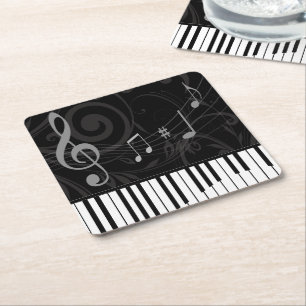 Whimsical Piano and Musical Notes Square Paper Coaster