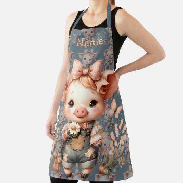 Whimsical Piglet in Pastel Overalls Blue Apron (Insitu)