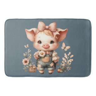 Whimsical Piglet in Pastel Overalls Blue Bath Mat