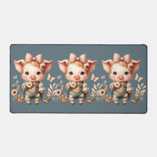 Whimsical Piglet in Pastel Overalls Blue Desk Mat