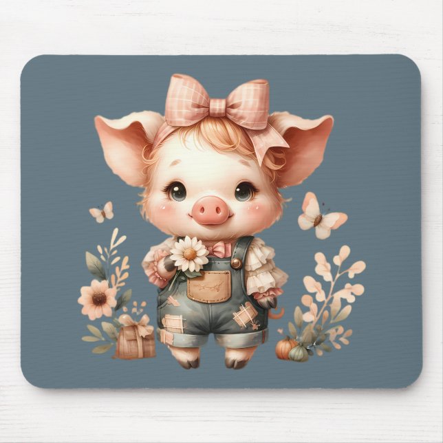 Whimsical Piglet in Pastel Overalls Blue Mouse Pad (Front)