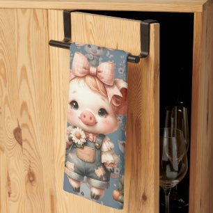 Whimsical Piglet in Pastel Overalls Blue Tea Towel
