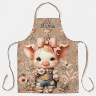 Whimsical Piglet in Pastel Overalls Brown Apron