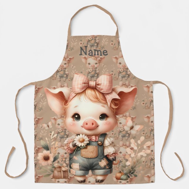 Whimsical Piglet in Pastel Overalls Brown Apron (Front)