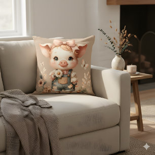 Whimsical Piglet in Pastel Overalls Brown Cushion