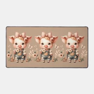 Whimsical Piglet in Pastel Overalls Brown Desk Mat