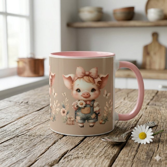 Whimsical Piglet in Pastel Overalls Brown Mug (Whimsical Piglet in Pastel Overalls Brown Mug)