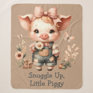 Whimsical Piglet in Pastel Overalls Brown Sherpa Blanket