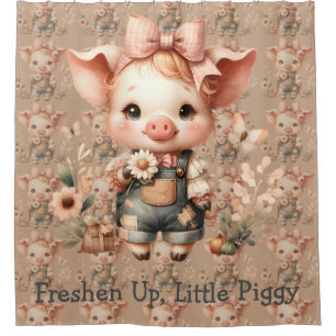 Whimsical Piglet in Pastel Overalls Brown Shower Curtain