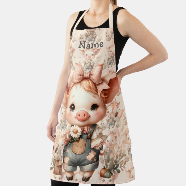 Whimsical Piglet in Pastel Overalls Peach Apron (Insitu)