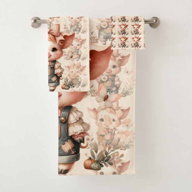 Whimsical Piglet in Pastel Overalls Peach Bath Towel Set (Insitu)