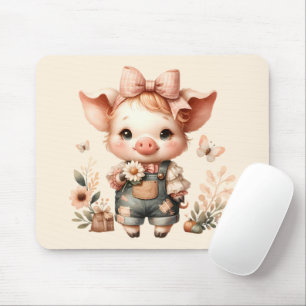 Whimsical Piglet in Pastel Overalls Peach Mouse Pad
