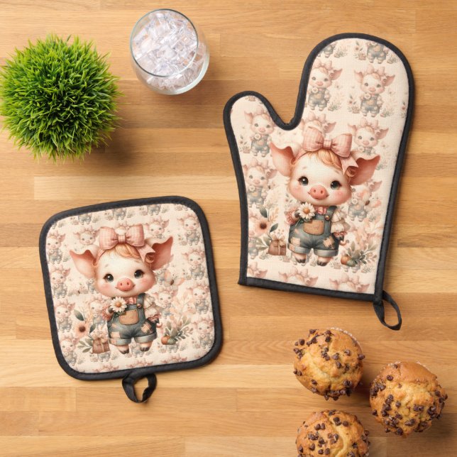 Whimsical Piglet in Pastel Overalls Peach Oven Mitt & Pot Holder Set (Top Down)