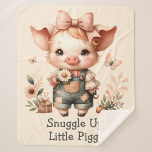Whimsical Piglet in Pastel Overalls Peach Sherpa Blanket
