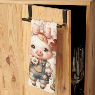 Whimsical Piglet in Pastel Overalls Peach Tea Towel
