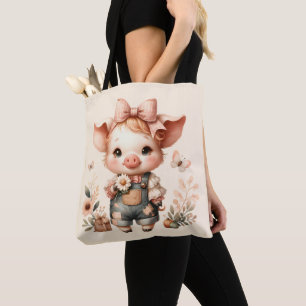 Whimsical Piglet in Pastel Overalls Peach Tote Bag