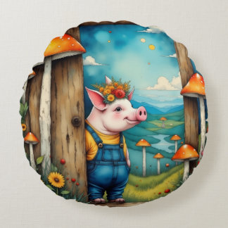 Whimsical Piglet Round Cushion