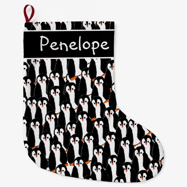 Whimsical Piles of Penguins Pattern and Your Name Large Christmas Stocking (Front)
