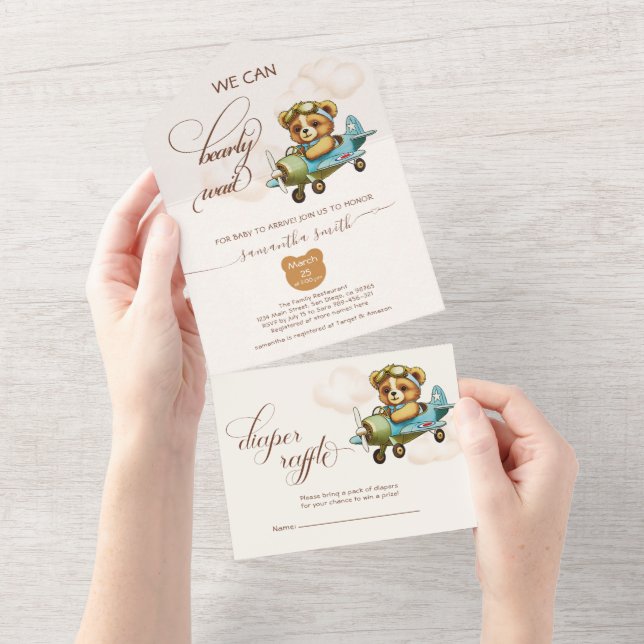 Whimsical Pilot Teddy Bear Baby Shower All In One Invitation (Tearaway)