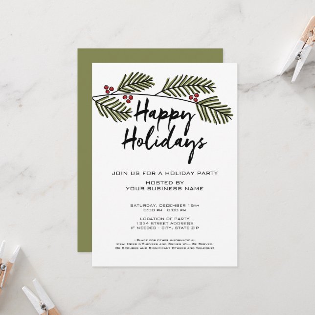 Whimsical Pine Branch Rustic Script Holiday Party Invitation (Front/Back In Situ)