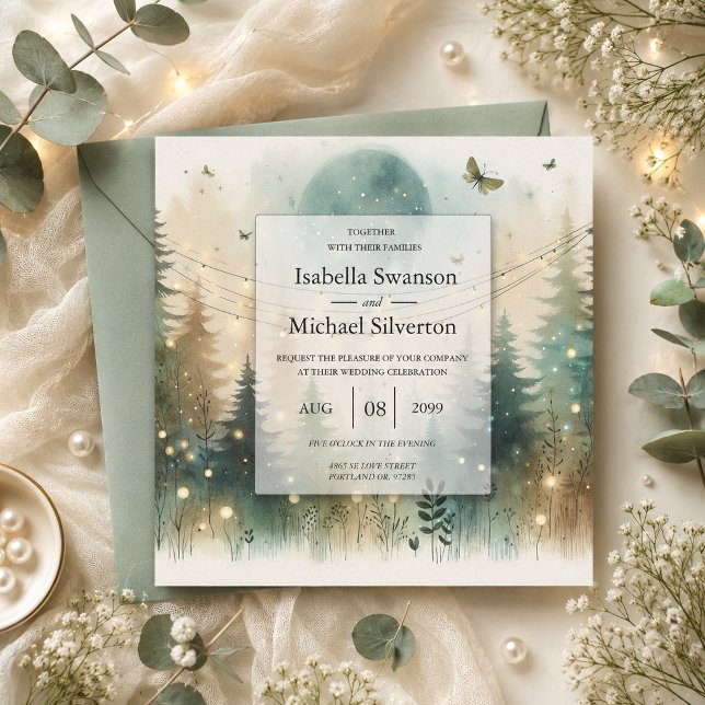Whimsical Pine Forest Fairy Lights Wedding Invitation (Creator Uploaded)