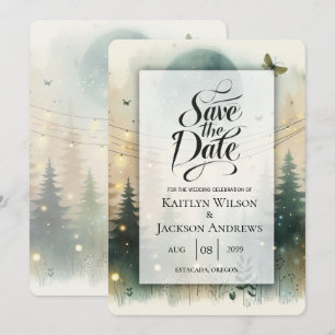 Whimsical Pine Forest Fairy Lights Wedding Save The Date
