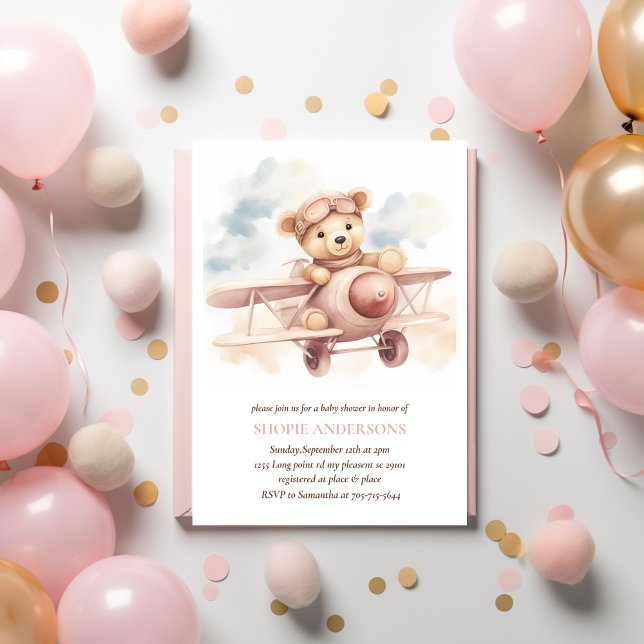 Whimsical Pink Aeroplane Adventure Baby Shower Invitation (Creator Uploaded)