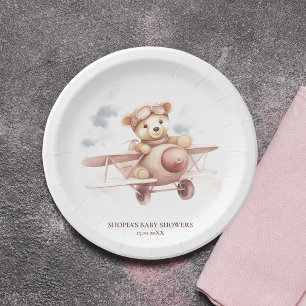 Whimsical Pink Aeroplane Adventure Baby Shower Paper Plate
