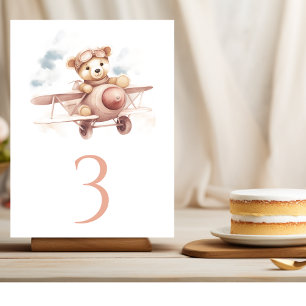 Whimsical Pink Aeroplane Adventure Baby Shower Table Number