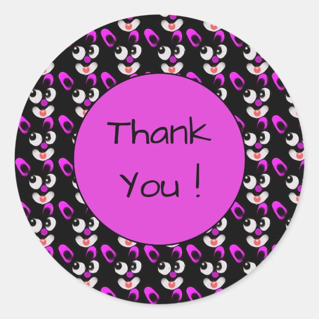 Whimsical Pink and black Cartoon Rabbits Thank You Classic Round Sticker (Front)