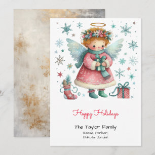 Whimsical Pink and Blue Angel Happy Red Holiday Card
