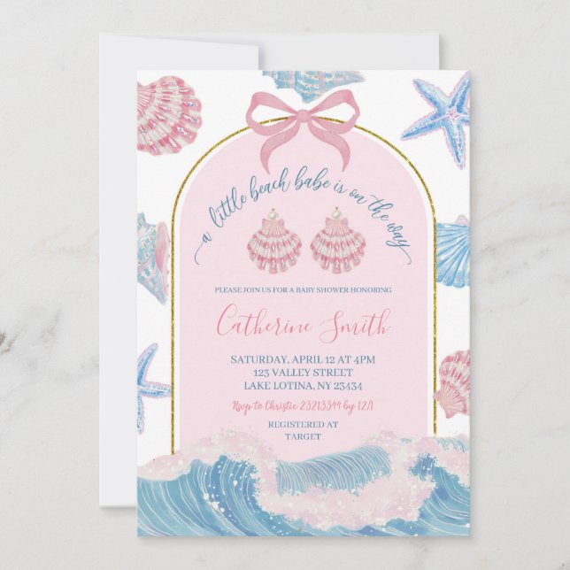 Whimsical Pink and Blue Beach Babe Baby Shower inv Invitation (Front)