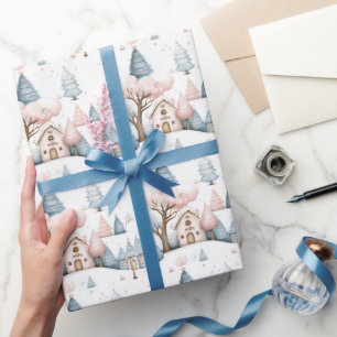 Whimsical Pink and Blue Christmas Village Gift Wrapping Paper