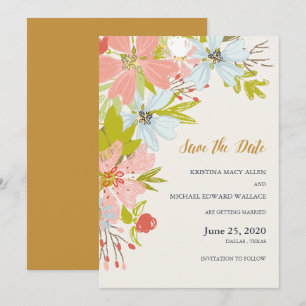 Whimsical Pink and Blue Flowers Save the Date Card