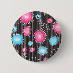 Whimsical pink and blue hearts and flowers floral 6 cm round badge