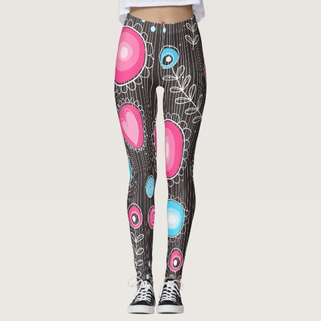 Whimsical pink and blue hearts and flowers floral leggings (Front)