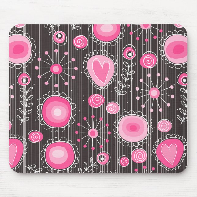 Whimsical pink and blue hearts and flowers floral mouse pad (Front)