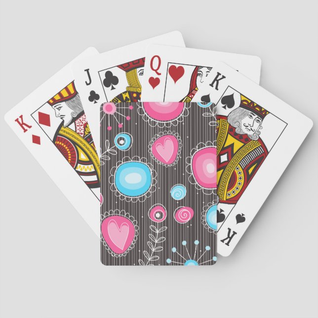 Whimsical pink and blue hearts and flowers floral playing cards (Back)