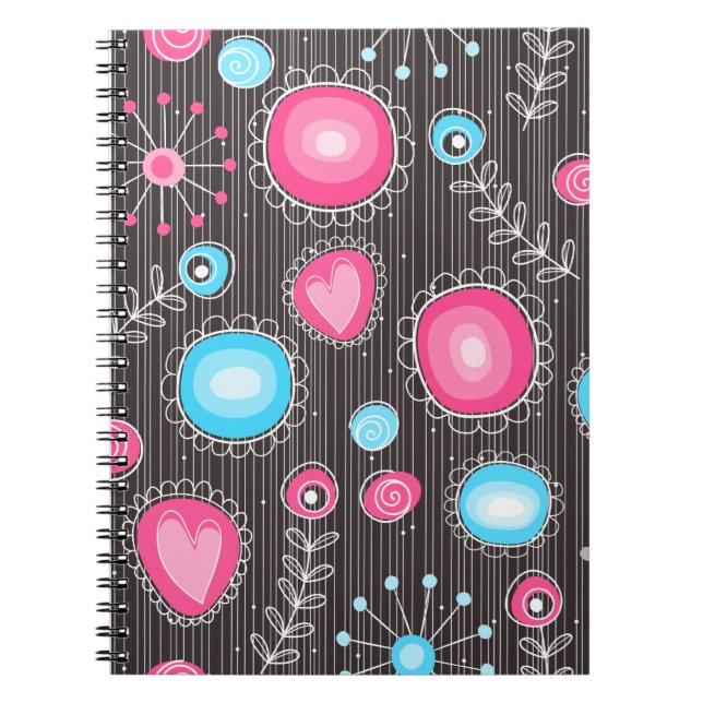 Whimsical pink and blue hearts and flowers floral spiral notebook (Front)