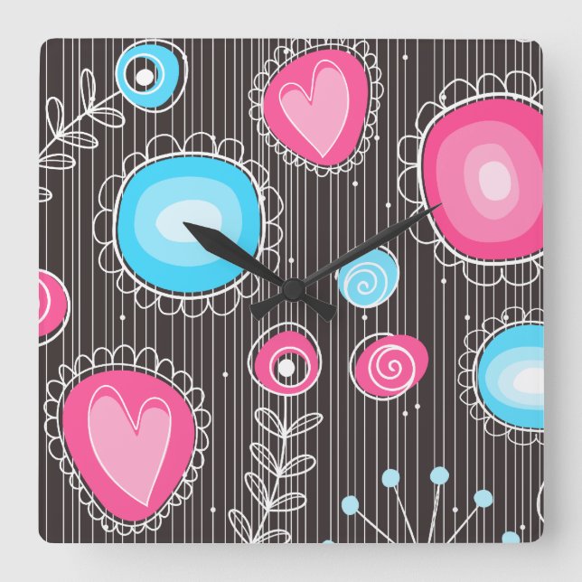 Whimsical pink and blue hearts and flowers floral square wall clock (Front)
