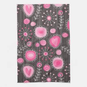 Whimsical pink and blue hearts and flowers floral tea towel