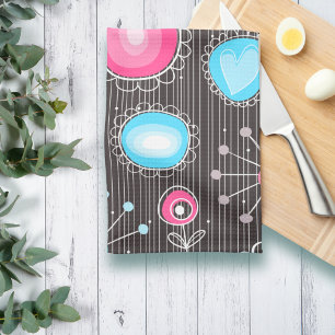 Whimsical pink and blue hearts and flowers floral tea towel