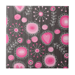 Whimsical pink and blue hearts and flowers floral tile