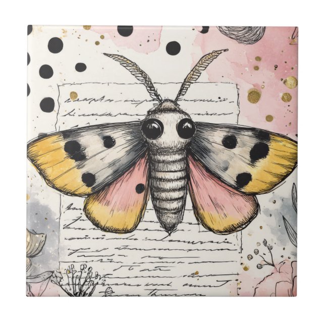Whimsical Pink and Gold Moth Tile (Front)