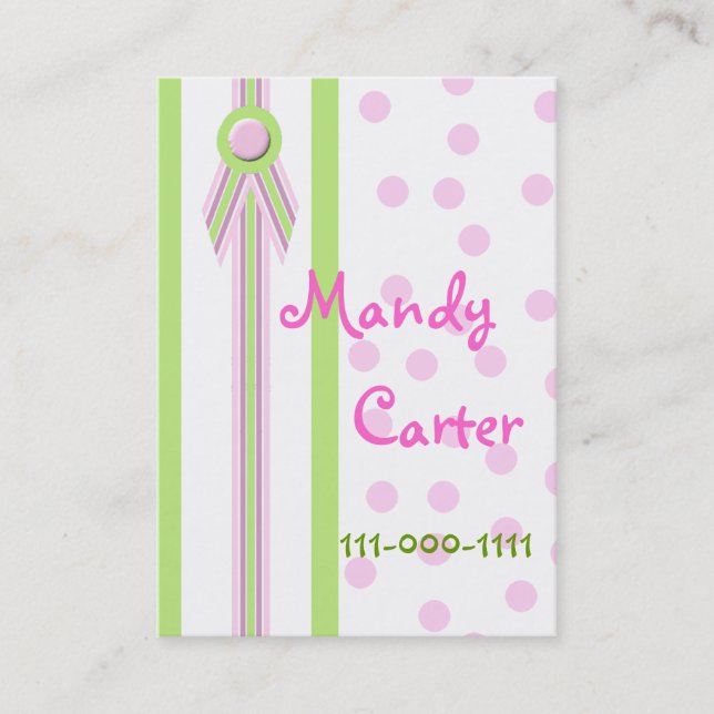Whimsical Pink and Green Children's Calling Cards (Front)