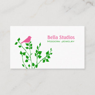Whimsical Pink and Green Cute Bird Business Card
