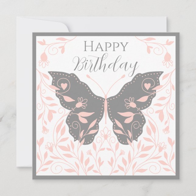 Whimsical Pink and Grey Butterfly   Card (Front)