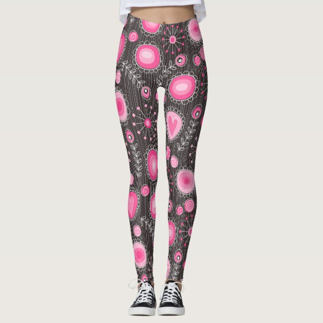 Whimsical pink and grey hearts and flowers floral leggings (Front)